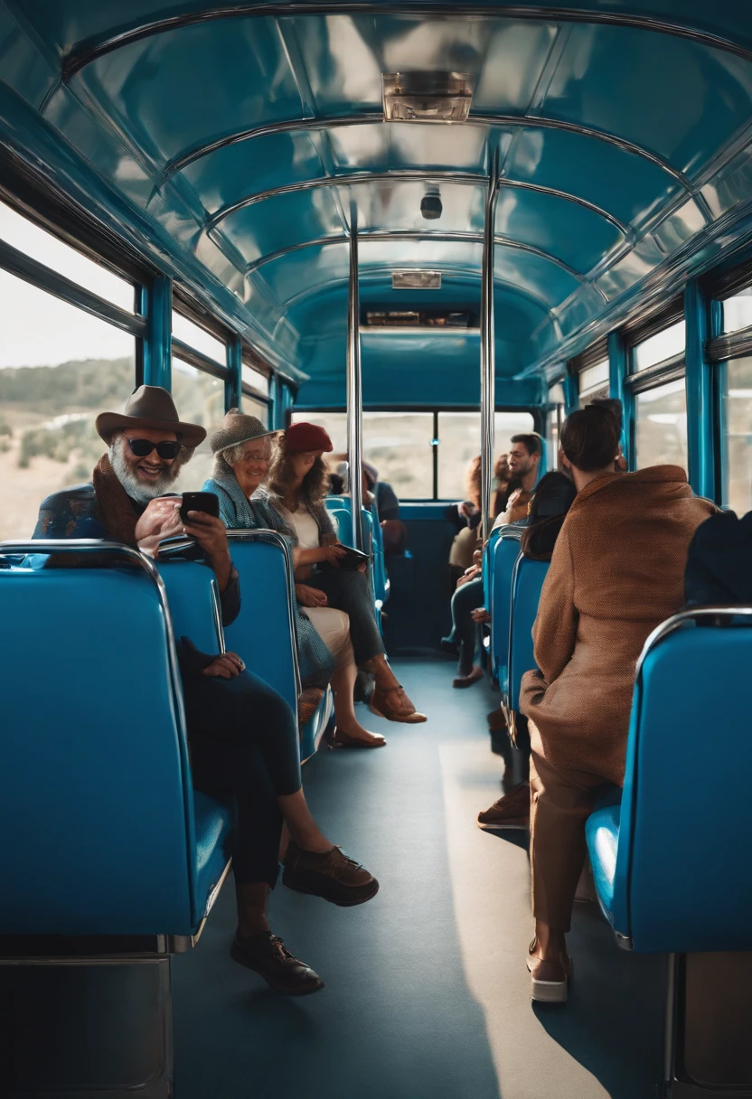 Interior of bus with happy passengers using their smartphones in shades of blue