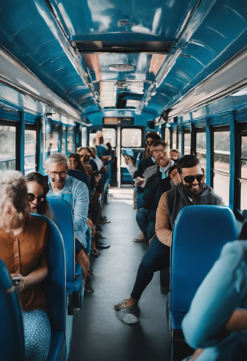 Interior of bus with happy passengers using their smartphones in shades of blue