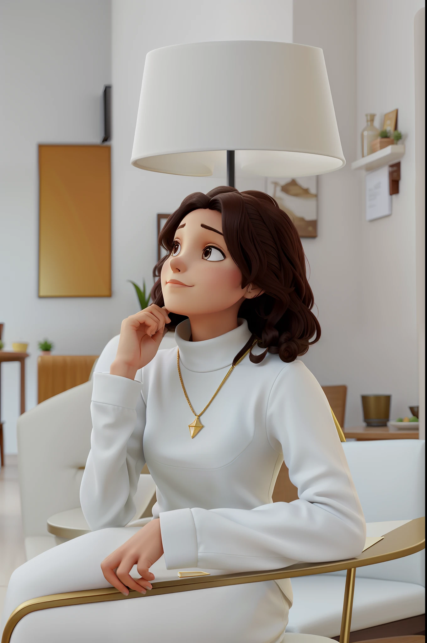 The image features a woman sitting on a chair, wearing a white shirt and a gold necklace. She is holding her chin in her hand, possibly deep in thought or contemplating something. The chair she is sitting on is positioned under a lamp, which provides light to the scene.
In the background, there is a couch and a dining table, suggesting that the setting is a living or dining area. Additionally, there are two other people in the scene, one standing near the left side of the image and another person standing further back on the right side.