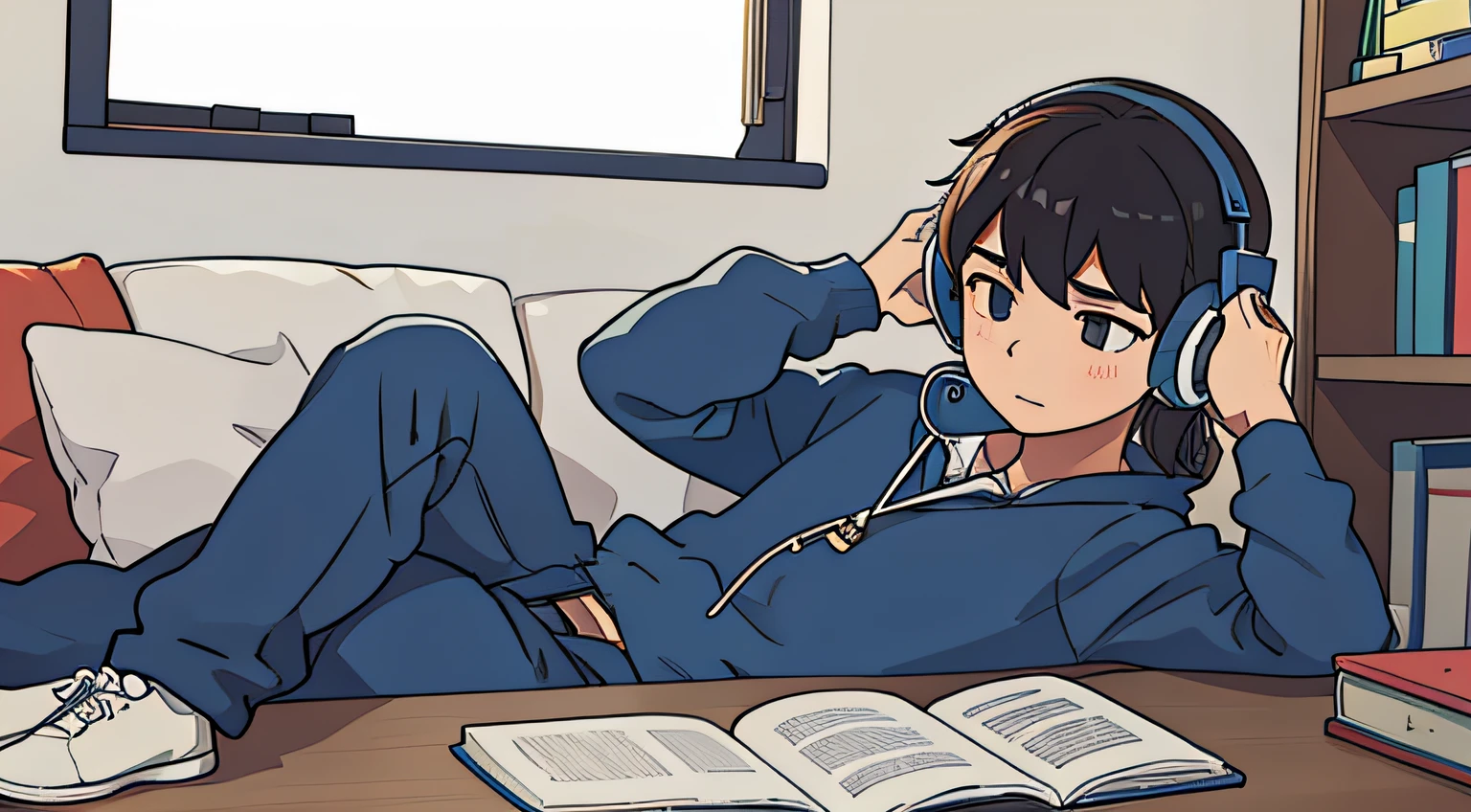 High school boy studying while listening to music with headphones