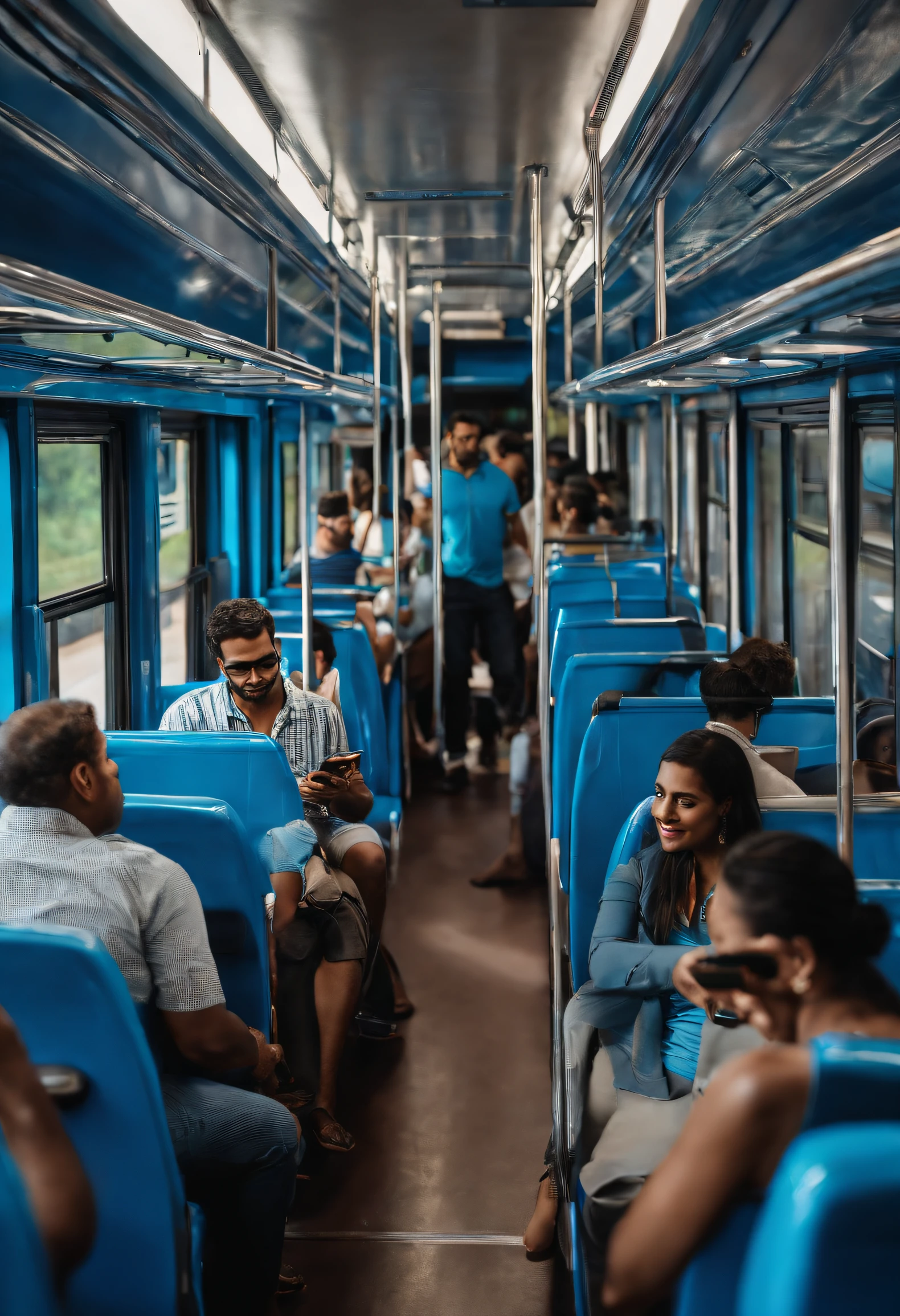 Interior of Brazilian bus with passengers using their smartphones in shades of blue