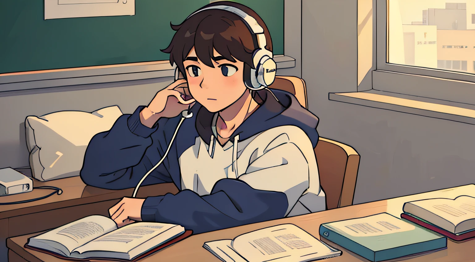 High school boy studying while listening to music with headphones