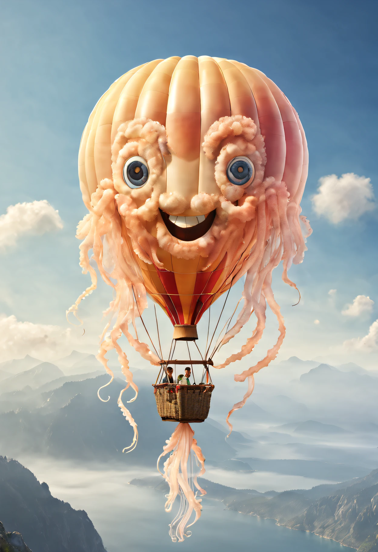 (Best quality),(Ultra detailed),(Masterpiece),(Hot air balloon in the shape of a jellyfish:1.5), Realistic, Transparent, The vastness of clouds and the earth,Photography effects, 8K, Super detailed, Ultra photo realsisim，watercolor,Smiling Jellyfish