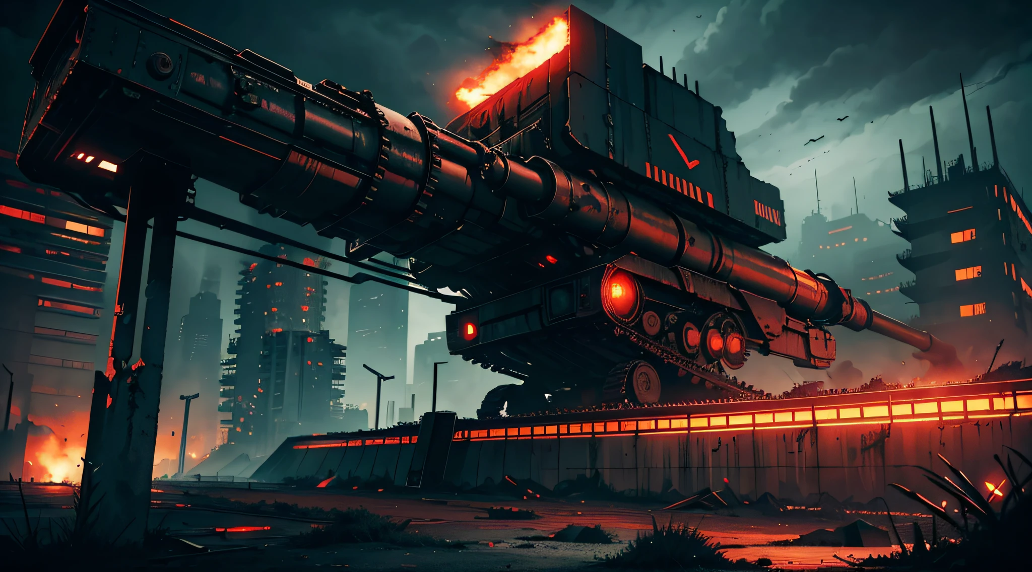 dark dystopic futurism landscape, horror art, hopeless atmosphere, ((huge dark brutalism anti-aircraft gun on a huge dark brutalism wall)), massive and detailed anti-aircraft gun on a wall, looking at the viewer, faint red and orange alarm lights, dark horror red lights, minimum light, dark futuristic brutalism wall, view of the orange heath, gloomy futuristic brutalism, scratched and damaged wall, super mega city in the background, overcast sky, darkness