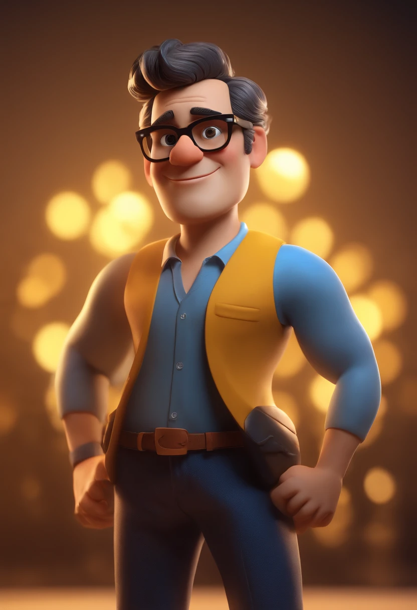 Cartoon character of a man with yellow glasses, cabelo crespo escuro e uma camisa azul, animation character, Caractere estilizado, animation style rendering, 3D estilizado, Arnold Maya render, 3 d render stylized, toon render keyshot, Personagem 3D, Personagem 3D, 3d rendering stylized, 3 d character render, personagem de desenho animado, Personagem de close up, Pose de personagem, (Estilo Pixar) (master part:1.2) (Bokeh) (best quality) (pele detalhada) (textura detalhada) (8k) (argila) (Cinematic lighting) (foco nítido