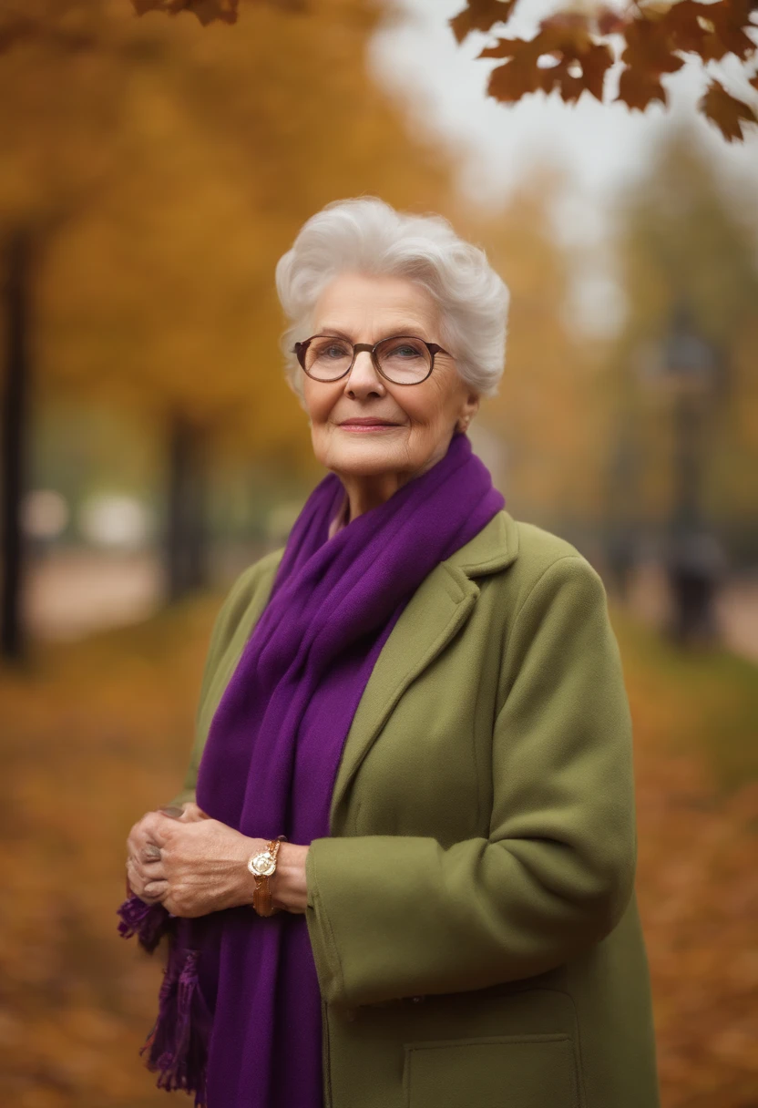 (highres, masterpiece:1.2), elderly woman with glasses and a scarf, wearing a purple coat and a green scarf, standing in the park, detailed face and hands, beautiful detailed eyes and lips, expressive wrinkles, comfortable posture, autumn leaves falling, colorful flowers bloom, birds flying in the background, soft natural lighting.