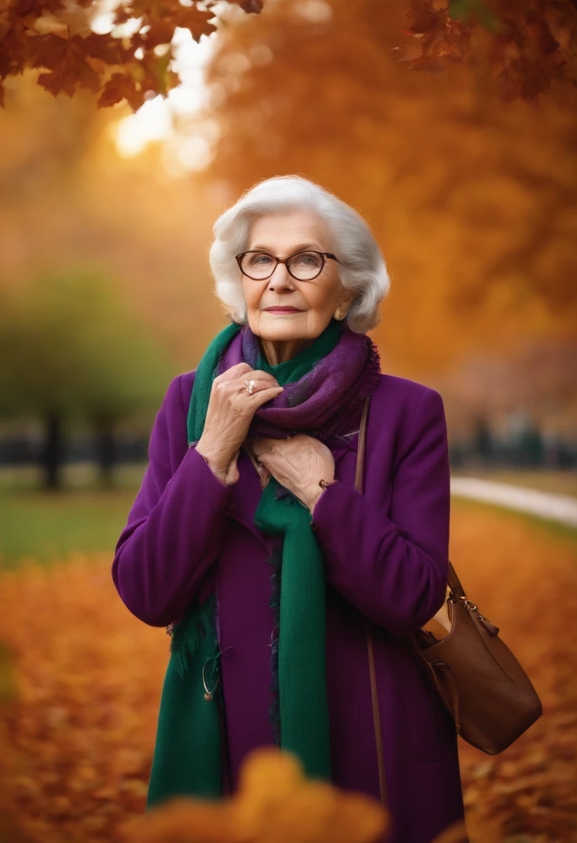 (highres, masterpiece:1.2), elderly woman with glasses and a scarf, wearing a purple coat and a green scarf, standing in the park, detailed face and hands, beautiful detailed eyes and lips, expressive wrinkles, comfortable posture, autumn leaves falling, colorful flowers bloom, birds flying in the background, soft natural lighting.