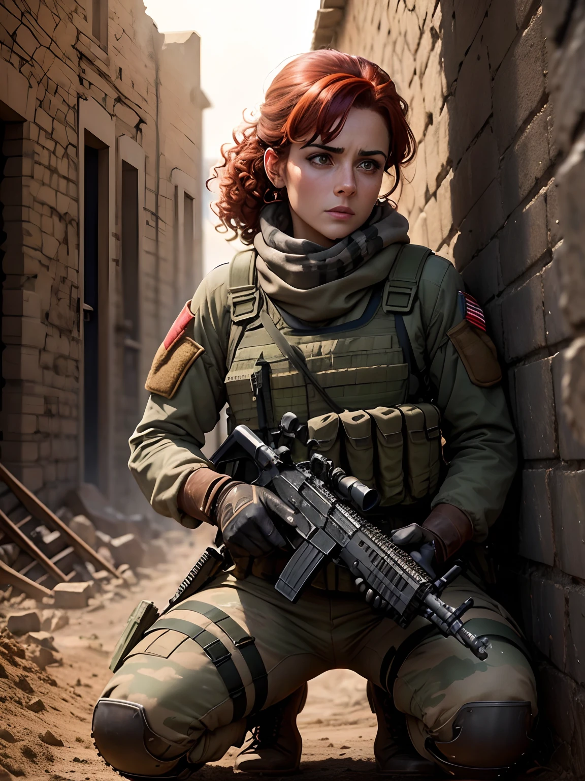 Lucy Verasamy, redhead, curly hair in ponytail, dramatic lighting, soldier, dirty multicam, realistic British Army uniform, keffiyeh, chest protection, tactical gloves, antique goggles, detailed and very realistic SA80 assault rifle, frightened, scared, worried, crouching on one knee, behind crumbling mud brick wall, bullet holes, desert, bright sunshine, rubble, explosion, black smoke,