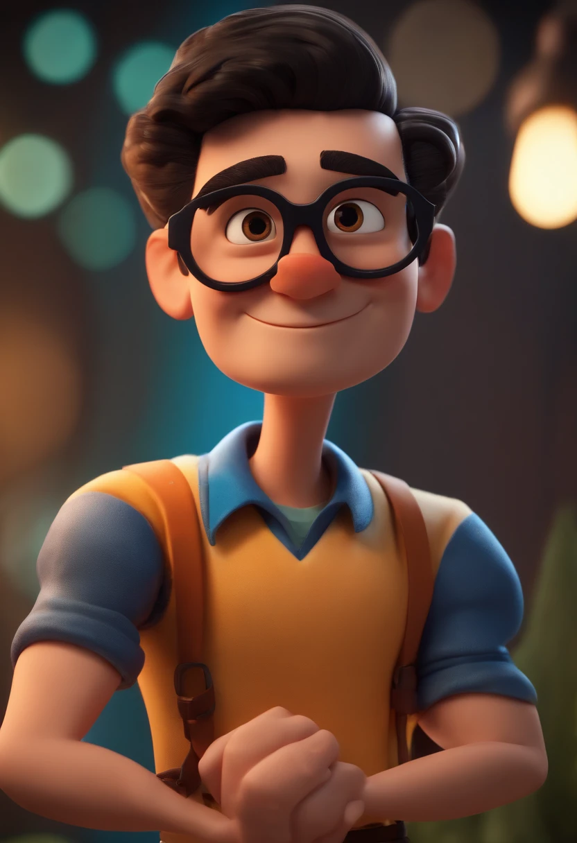 Cartoon character of a man wearing black glasses and a blue shirt, um personagem animado, Caractere estilizado, animation style rendering, 3D estilizado, Arnold Maya render, 3 d render stylized, toon render keyshot, Personagem 3D, Personagem 3D, 3d rendering stylized, 3 d character render, personagem de desenho animado, Personagem de close up, Pose de personagem, (Estilo Pixar) (master part:1.2) (Bokeh) (best quality) (pele detalhada) (textura detalhada) (8k) (argila) (Cinematic lighting) (foco nítido,Senta e vaza a parte superior do corpo
