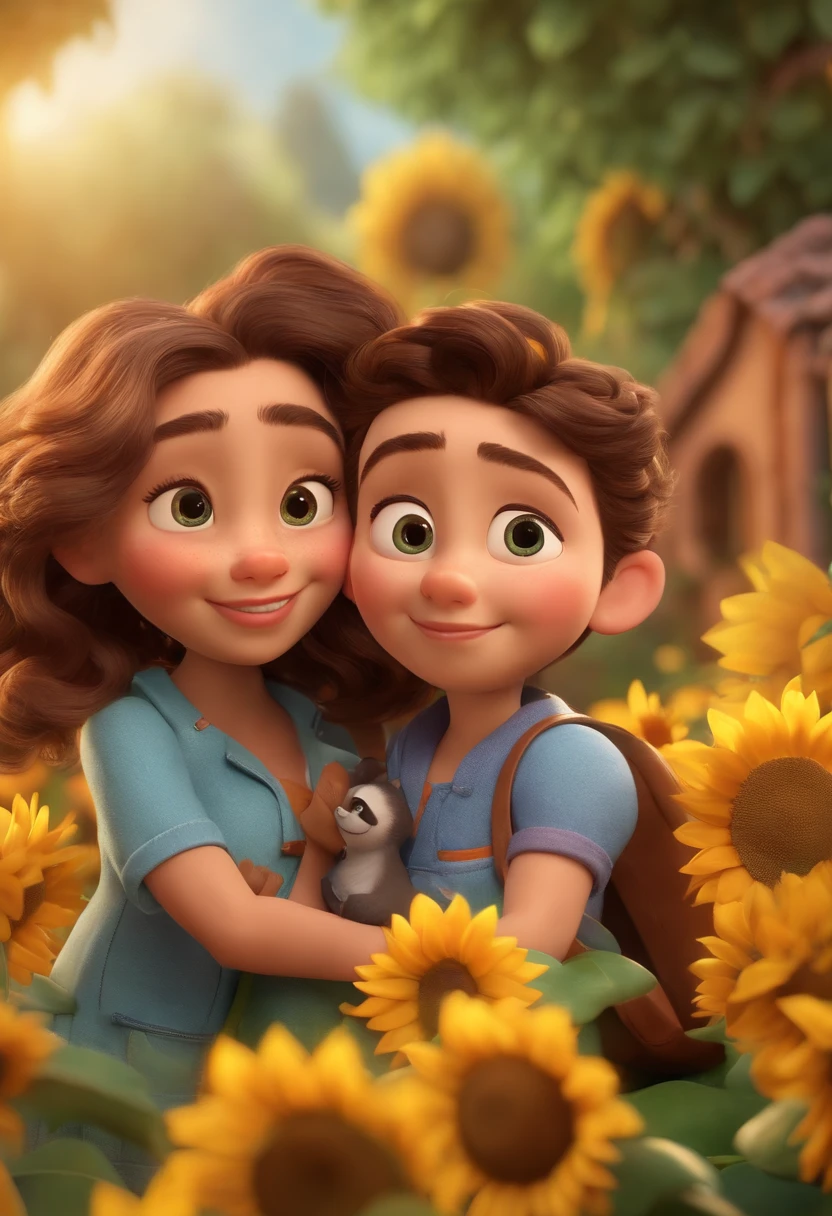 Create a Disney PIXAR-style 3D poster. ((centro da imagem, Triplets)), ((3 children)) ((1 menino no meio e 2 meninas ao lado, They're hugging each other, O menino tem pele castanha e cabelos castanhos escuros e olhos castanhos escuros, 1 menina tem pele clara, olhos e cabelos escuros e cacheados, e a outra menina tem pele morena, olhos escuros e cabelos escuros e lisos)) ((tudo isso no estilo Disney PIXAR 3D, In the background, A house of sunflowers, Gloria Studio, The garden is full of nature 3D render RTX clay material, estilo de design cartunesco, POP Mart, soft lighting, linhas suaves, Spring tilt, Detailed illustrations of PIXAR 3D, Detalhes hiper-realistas, cor quente no estilo Disney PIXAR 3D))