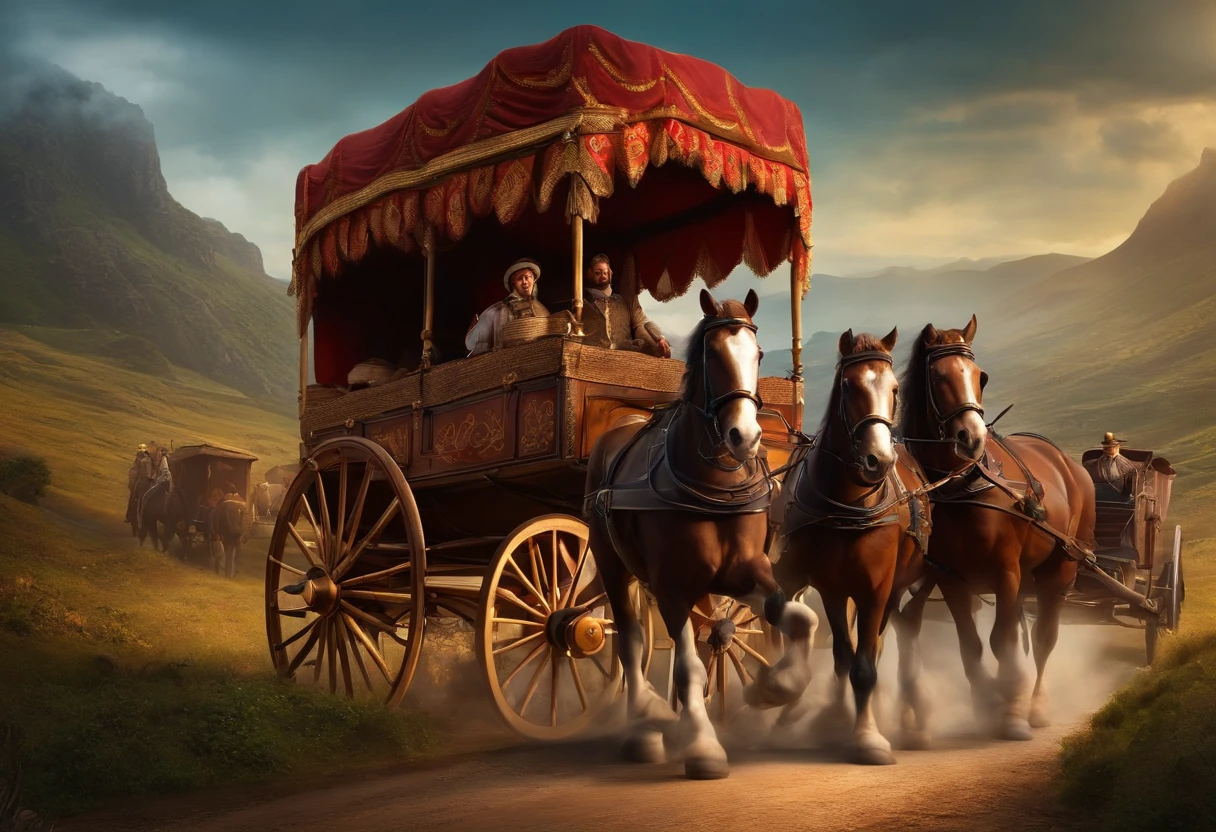 Banner do jogo, um grupo de comerciantes gordos na estrada, ao lado da paisagem, sacos de dinheiro pendurados, next to a carriage carrying treasure chests, comiс style