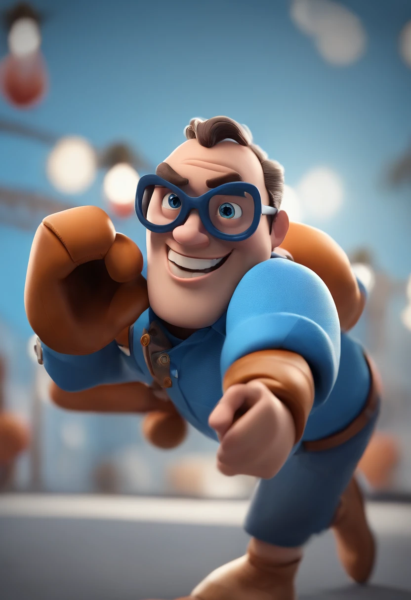 Cartoon character of a man wearing black glasses and a blue shirt, um personagem animado, Caractere estilizado, animation style rendering, 3D estilizado, Arnold Maya render, 3 d render stylized, toon render keyshot, Personagem 3D, Personagem 3D, 3d rendering stylized, 3 d character render, personagem de desenho animado, Personagem de close up, Pose de personagem, (Estilo Pixar) (master part:1.2) (Bokeh) (best quality) (pele detalhada) (textura detalhada) (8k) (argila) (Cinematic lighting) (foco nítido,Senta e vaza a parte superior do corpo