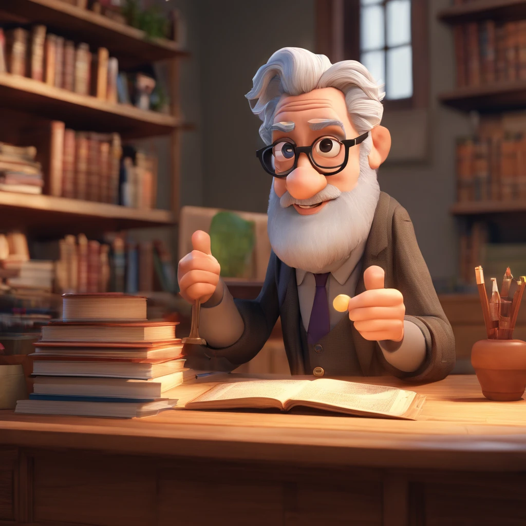 Crie um cartaz inspirado na Disney Pixar com o personagem sendo o pastor Rubens Janier, A gray-haired man wearing glasses, in an office with a Bible on the table