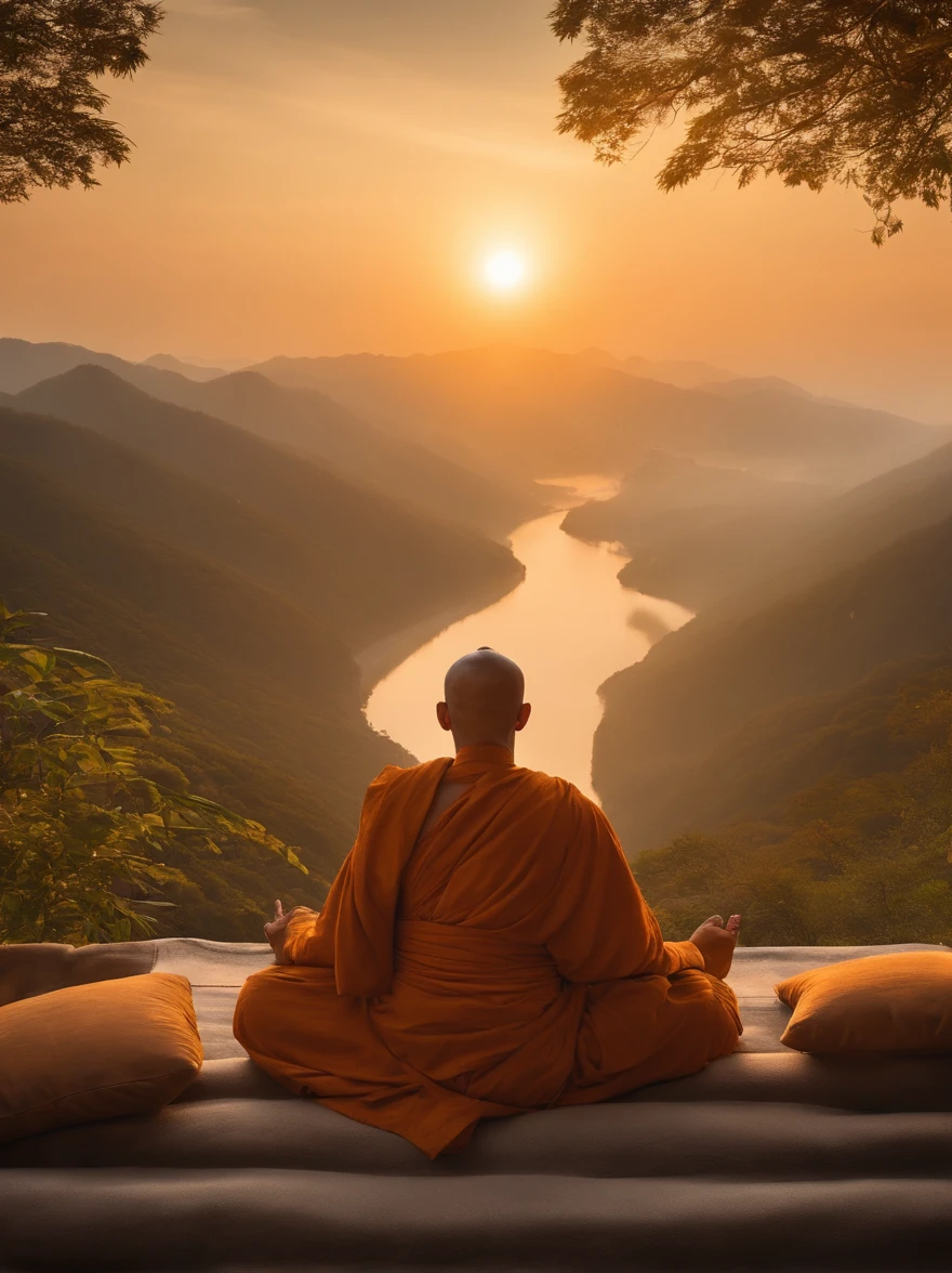 (Very detailed depiction)The monks of Arafeld sit at the top of the hill,There is a sunrise in the background,Face the lens,The body is centered,Soothing breathing in silence,Deep meditation,Scene of Buddhist monks meditating, Quiet,Very beautiful composition,portrait of monk, The meditation posture is clear and clear,Meditating, full body picture of a male monk, Mysterious lotus bit meditation,A very mysterious Zen composition, The backgrounds are HD realistic