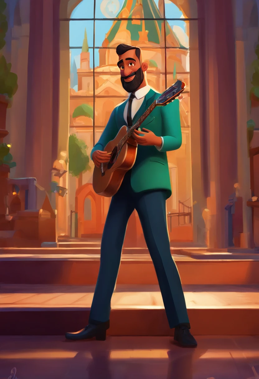 crie um personagem inspirado no universo pixar, Put all the art in vibrant colors and all the characteristics of that animation, um homem de 30 anos, corpo medio , bald head ,barba media castanho claro, olhos na cor verde mel,Standing playing black gibson guitar in front of a church