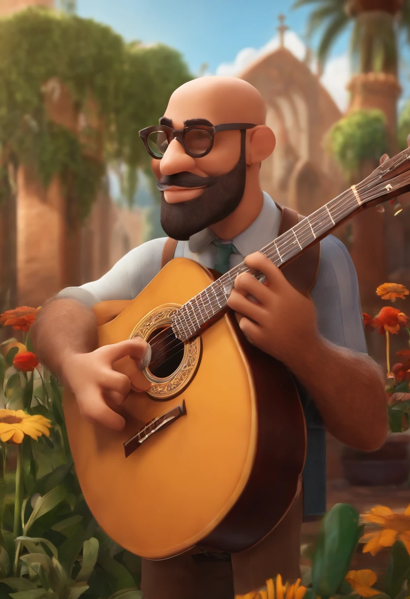 crie um personagem inspirado no universo pixar, Put all the art in vibrant colors and all the characteristics of that animation, um homem de 30 anos, corpo medio , bald head ,barba media castanho claro, olhos na cor verde mel,Standing playing black gibson guitar in front of a church