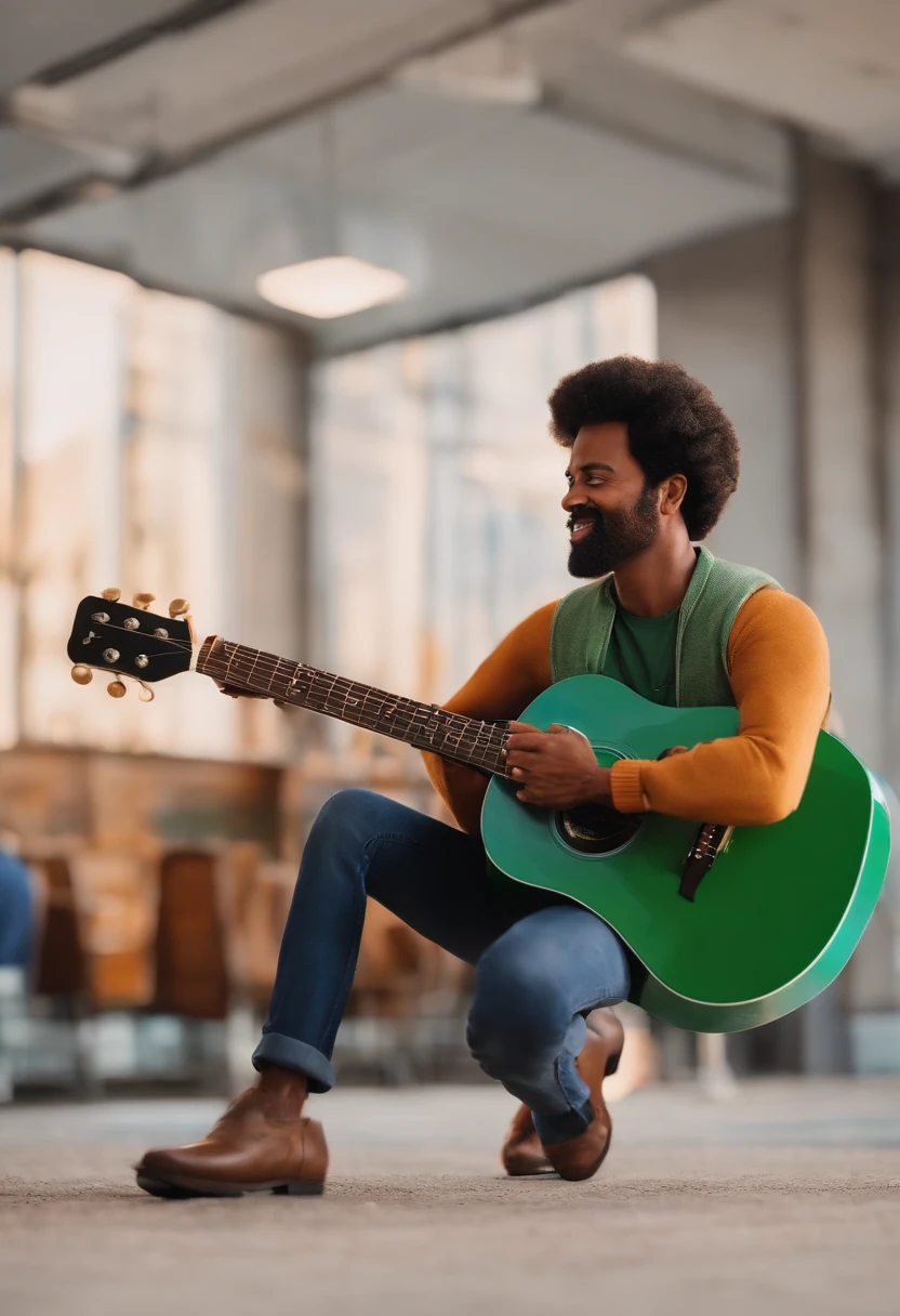 crie um personagem inspirado no universo pixar, Put all the art in vibrant colors and all the characteristics of that animation, um homem de 30 anos, corpo medio , bald head ,barba media castanho claro, olhos na cor verde mel,Standing playing black gibson guitar in front of a church