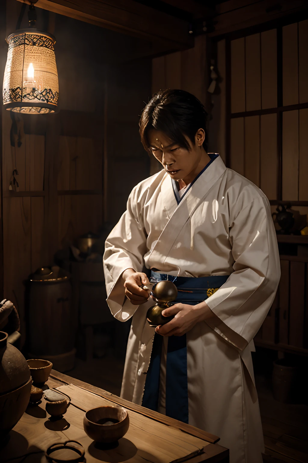 A Korean male shaman wearing hanbok, holding a ritual bell, and looking with an angry expression in a dark shaman's house room adorned with colorful ritual tools