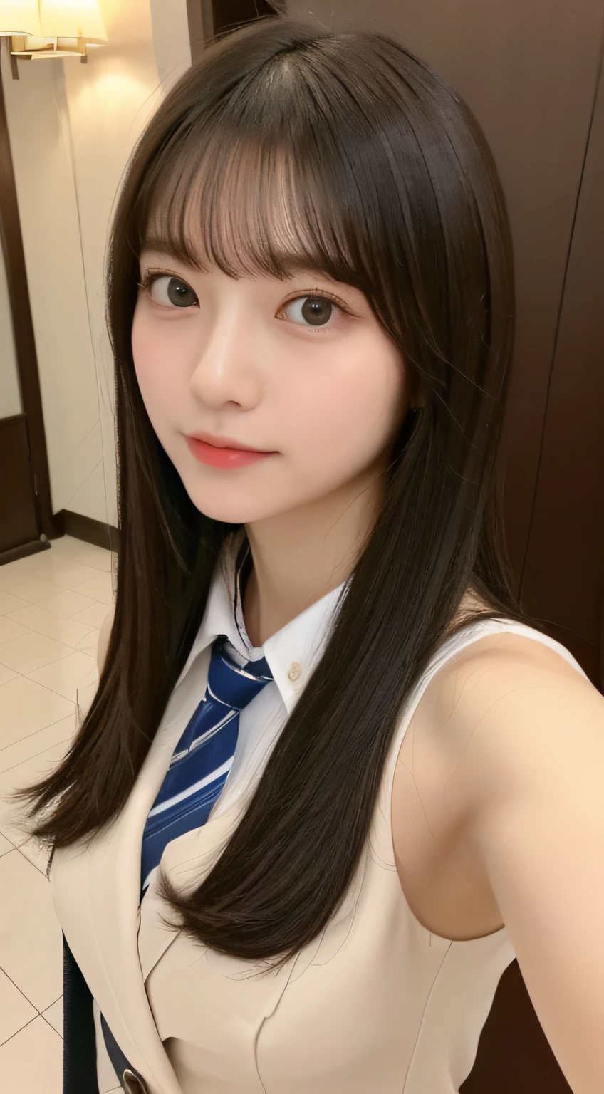 ((top-quality、8K、masterpiece:1.5))、One girl、(Unhealthy face)、(Letter to)、Blunt bangs、(Lots of bangs:1.4)、(full body Esbian:1.4)、(Symmetrical face)、hyperdetailed face、Ultra detailed mouth、A detailed eye、Detailed ears、Slim Faces、(selfee:1.4)、(off shoulders)、(Armpit)、(Looking Up)、(From above)、(Straight long hair、Ahoge:1.3)、(Upper Eyes)、the background is blurred、(formal suit、neck tie:1.3)、lipgloss、(hotel entrance)、(natural soft light:1.3)、