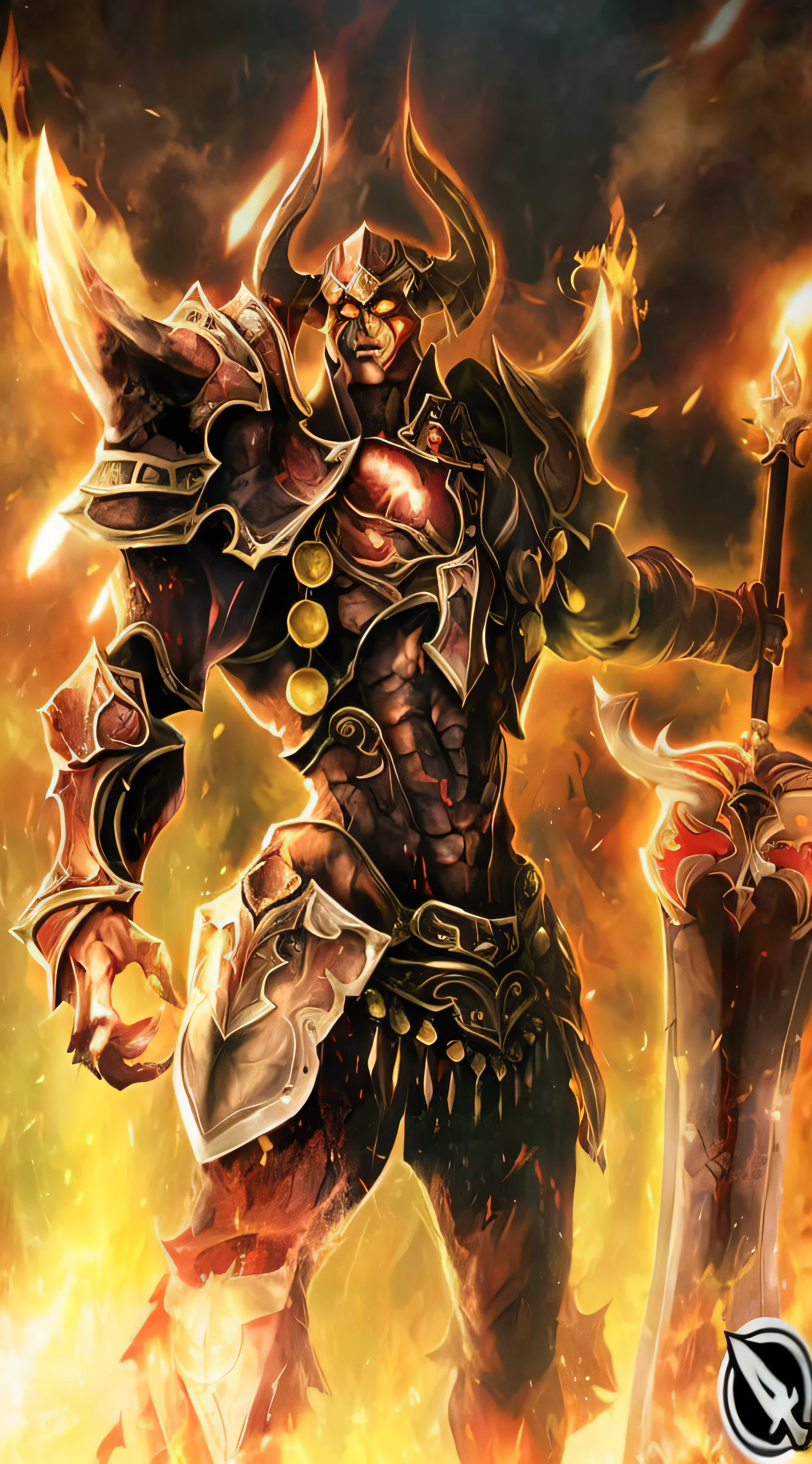 a close up of a man with a sword and a fire, demon armor, minotaur in ancient armor, minotaur warrior, demon lord, demon samurai warrior, minotaur from path of exile, ruler of inferno, demon berserker, warhammer fantasy art, red demon armor, diablo, diablo digital concept art, epic fantasy character art, guildwar artwork
