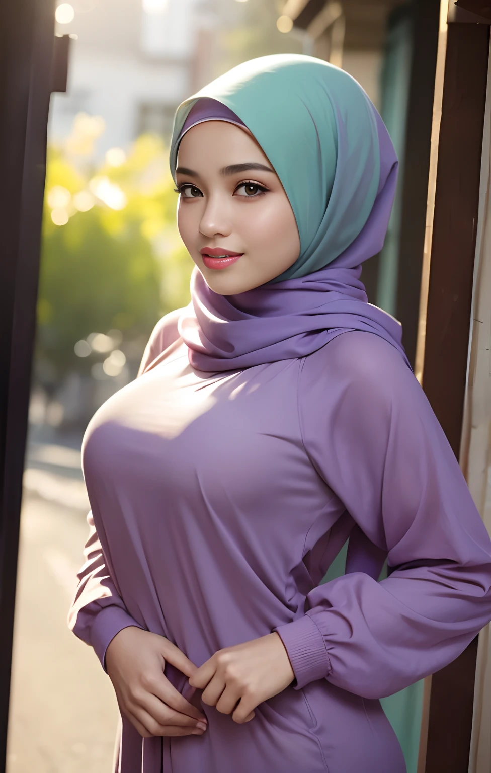 cute malay girl in white color hijab wearing big loose pastel green T shirt with white jeans jeans, in hijab, realistic face, smile, happy, big shirt, long sleeve, dark skin, skin texture, mole, brown skin, big sleeve, mira filzah face, wet skin, petite body, small breast, 4k, photography, cinematic, ray lighting, ((emma maembong)), skinny body, petite, small , outside, small tits, flat chest, front view, facing viewer, oversized shirt, abs exposed, slim abs, big hip,