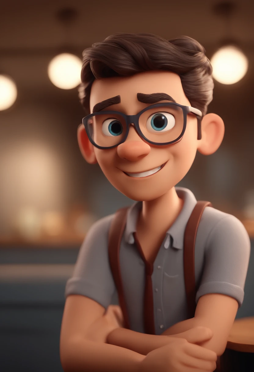 Cartoon character of a young man wearing round gray glasses and a blue shirt, um personagem animado, Caractere estilizado, animation style rendering, 3D estilizado, Arnold Maya render, 3 d render stylized, toon render keyshot, Personagem 3D, Personagem 3D, 3d rendering stylized, 3 d character render, personagem de desenho animado, Personagem de close up, Pose de personagem, (Estilo Pixar) (master part:1.2) (Bokeh) (best quality) (pele detalhada) (textura detalhada) (8k) (argila) (Cinematic lighting) (foco nítido,Sits and empties upper body in a dental office alone
