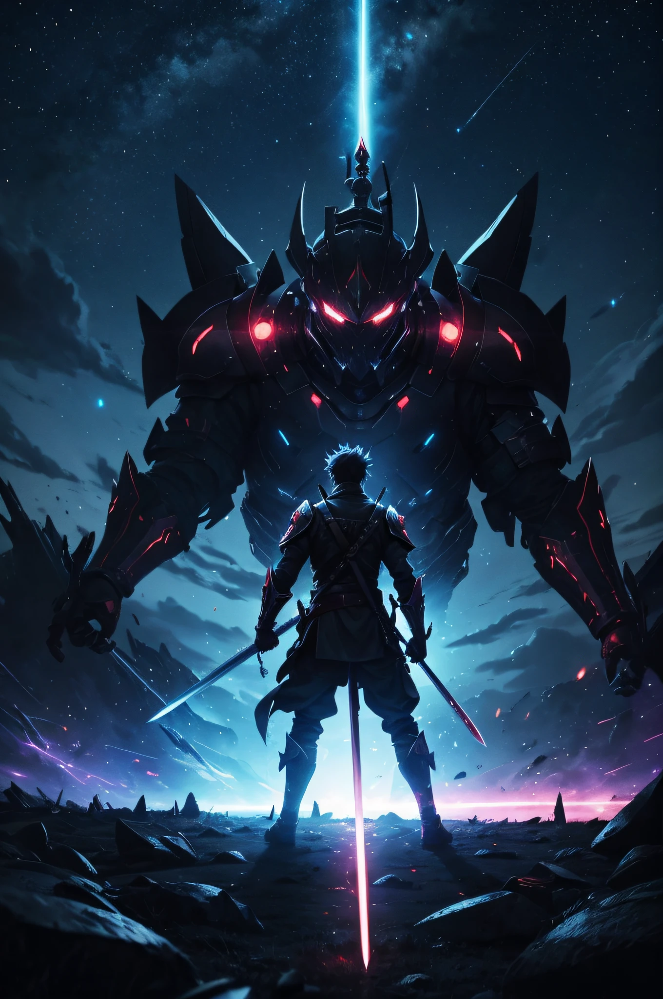 alone in the battle field against thousands of monsters, night sky, glowing sword, anime style, 2d,