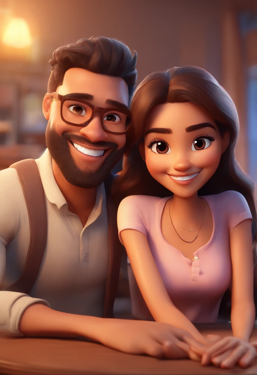 An illustration of an adorable couple, Highlight for a chubby mulatto man with glasses smiling and a brunette woman with beautiful expressive eyes - the man's skin is mulatto and the man's hair haswhile the woman's skin is black and the woman's hair is straight and brown. They are a bright room, cada um com um sorriso no rosto, e compartilhar um momento especial caracterizado pelo amor, Insights. Illustrate this scene from a perspective where they are facing the camera, Smiling and Showing Your Connection. Desenvolva esta arte em Full HD, Focus on your cinematic touch, Estilo Disney Pixar Animations