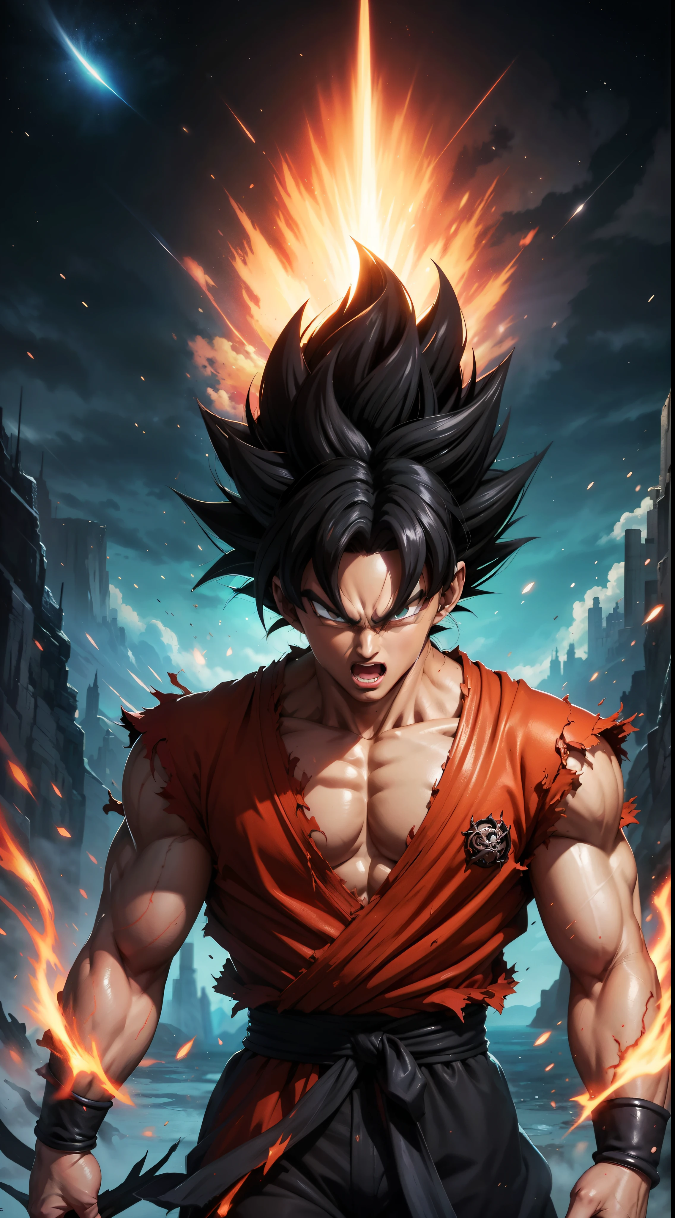 Get ready for a visual feast with Black Goku Demon God has a handsome face and piercing red eyes. In his transformed state, he radiates extreme instinct and power, creating an epic anime about this man of energy. See how he manipulates fire and lava in stunning anime artwork that will blow your mind. This concept art is straight from the Dragon Ball Universe, with manga-style 8k wallpapers that will transport you to another dimension. Get ready to be amazed by this detailed piece of digital anime art, showcasing the ultimate combination of style and power.