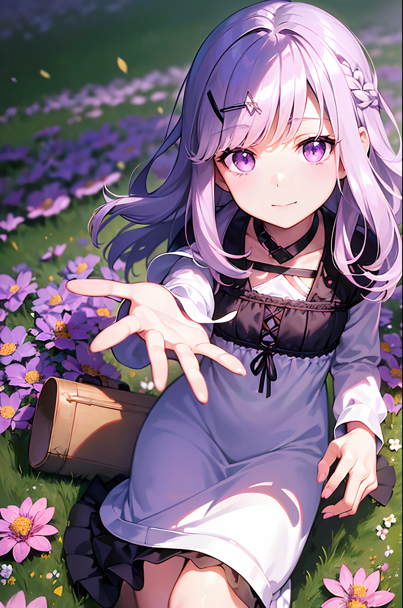 masterpiece, best quality, ultra detailed beautiful face and eyes,solo,toddler,silver hair,purple eyes,(medium hair:1.8),(parted bangs:1.3),hairclip,sundress,(delighted:1.3),(field of flowers:1.3),dutch angle