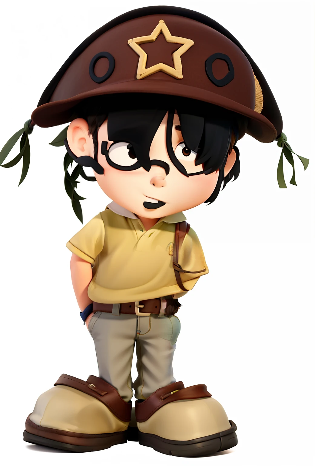 A boy with a cangaceiro hat standing in front, natural  lightting, contra o pano de fundo de uma feira de rua