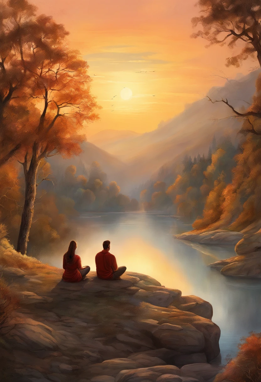 man and woman, sitting in a meditation position, yoga, In front of the beautiful Orissant, As the sun sets, Related to the sacred, director: Drew Tucker, director: Adam Marchinski, director: Alexander Kucharisky, director: Gavin Nolan, 8K surrealism, director: Jason Felix, Yuri Shwedoff e Tom Bagshaw, illustrative art, Estello Eric Johnson