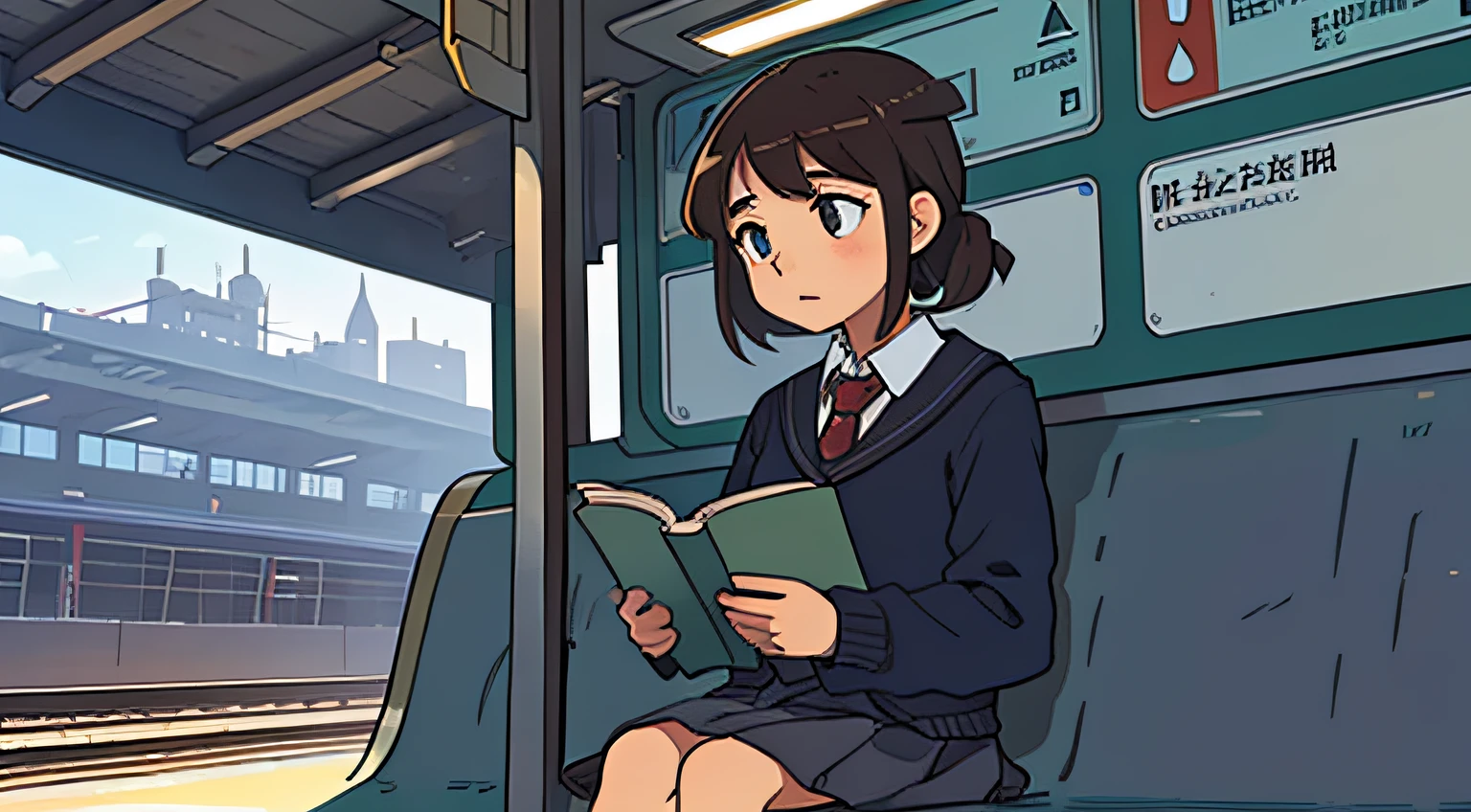 girl reading a book at the train station