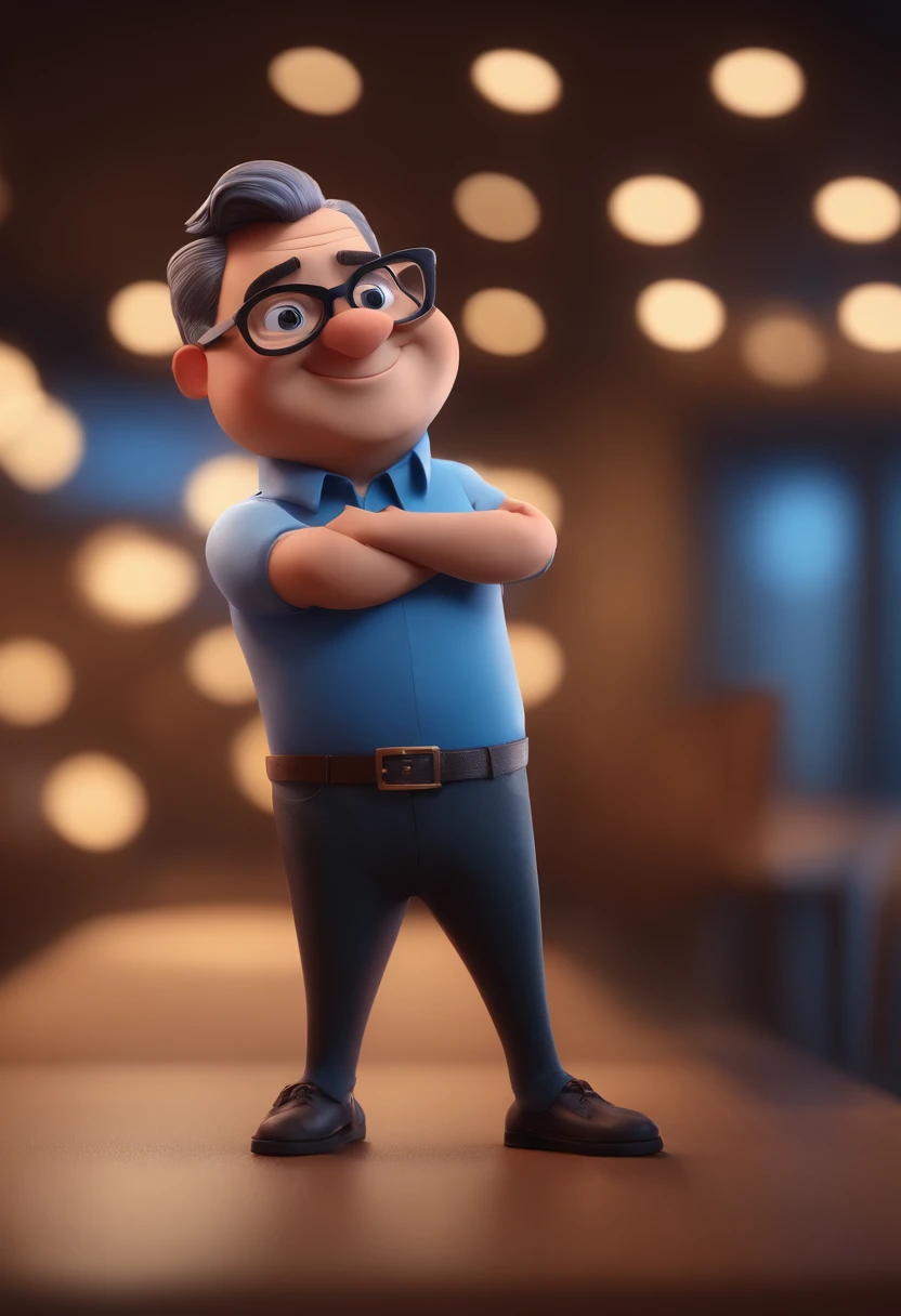 Cartoon character of a man with black glasses and a blue shirt, animation character, Caractere estilizado, animation style rendering, 3D estilizado, Arnold Maya render, 3 d render stylized, toon render keyshot, Personagem 3D, Personagem 3D, 3d rendering stylized, 3 d character render, personagem de desenho animado, Personagem de close up, Pose de personagem, (Estilo Pixar) (master part:1.2) (Bokeh) (best quality) (pele detalhada) (textura detalhada) (8k) (argila) (Cinematic lighting) (foco nítido