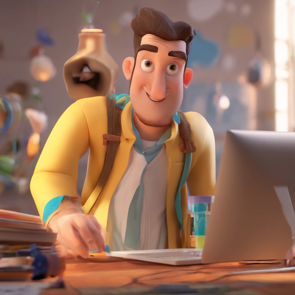 Criar um personagem no estilo Pixar. Trata-se de um homem de 30 anos, com barba, Branco, com cabelos castanhos curtos e um quiff, e olhos castanhos. Ele deve estar na frente de um computador, Trabalhar como designer