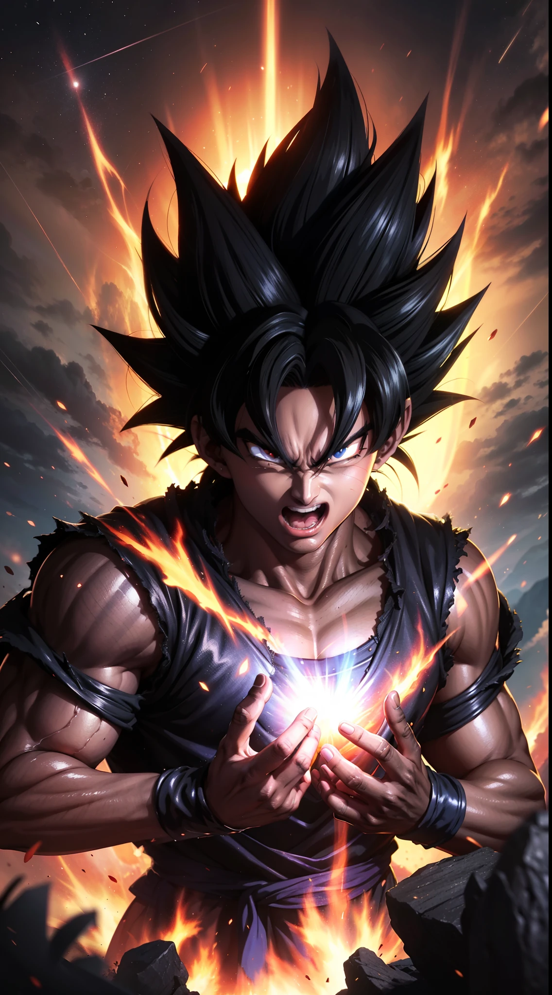 Get ready for a visual feast with Black Goku Demon God has a handsome face and piercing red eyes. In his transformed state, he radiates extreme instinct and power, creating an epic anime about this man of energy. See how he manipulates fire and lava in stunning anime artwork that will blow your mind. This concept art is straight from the Dragon Ball Universe, with manga-style 8k wallpapers that will transport you to another dimension. Get ready to be amazed by this detailed piece of digital anime art, showcasing the ultimate combination of style and power.