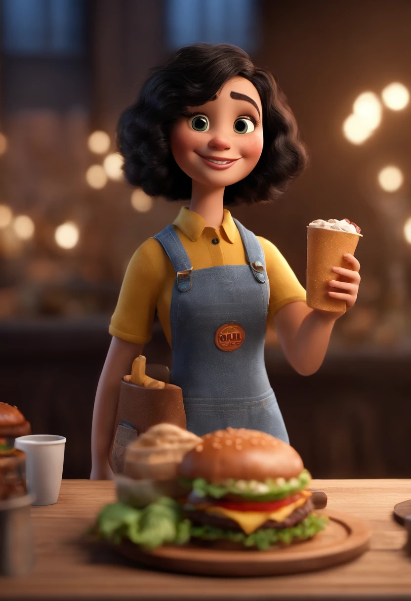 Young woman with black hair and eyes and with a hamburger in her hand, animation character, placa no local, animation style rendering, 3D estilizado, Arnold Maya render, 3 d render stylized, toon render keyshot, Personagem 3D, Personagem 3D, 3d rendering stylized, 3 d character render, personagem de desenho animado, Personagem de close up, Pose de personagem, (Estilo Pixar) (master part:1.2) (Bokeh) (best quality) (pele detalhada) (textura detalhada) (8k) (argila) (Cinematic lighting) (foco nítido