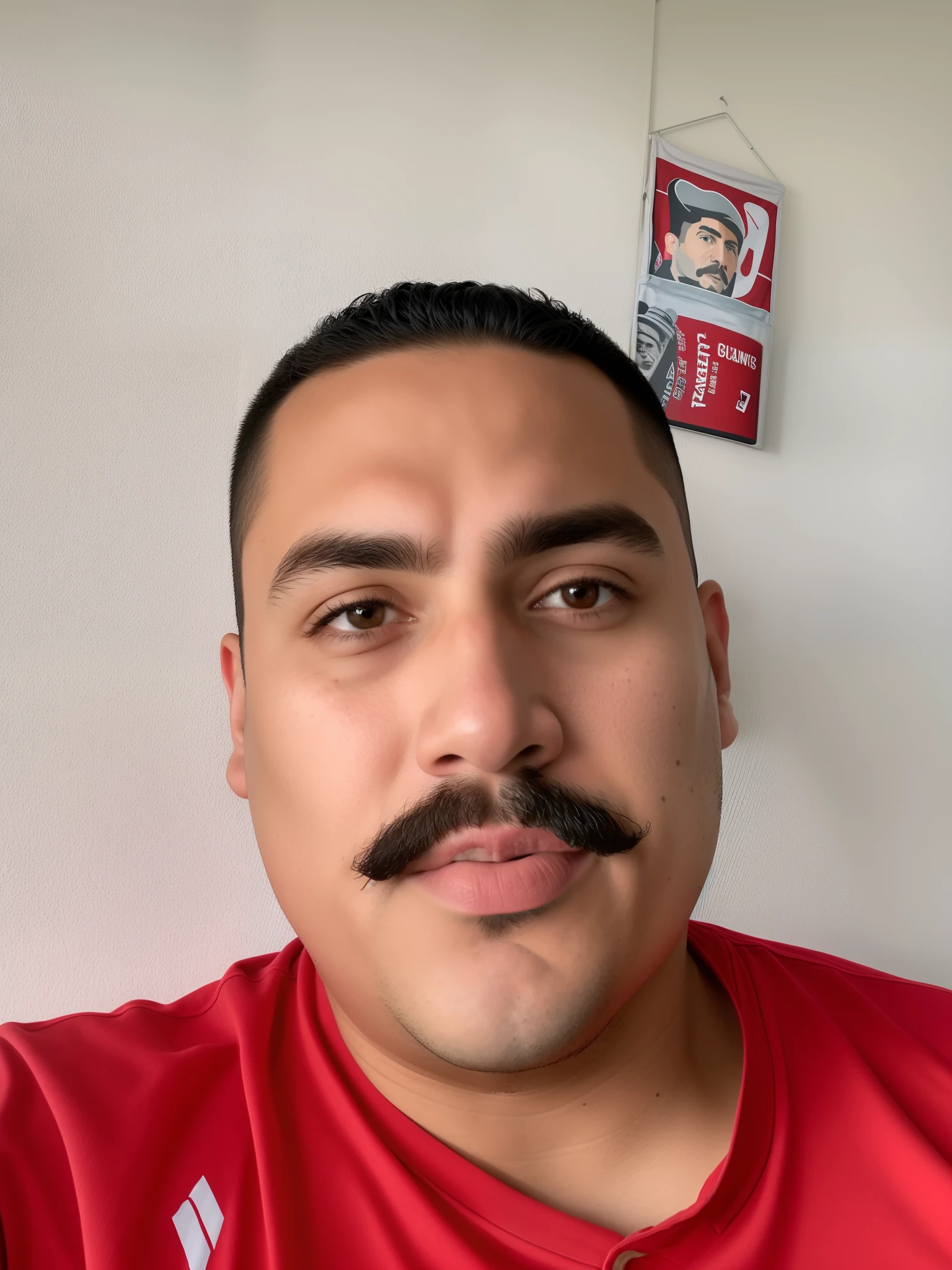 There's a man with a mustache and a red shirt, Bigode mexicano, andres rios, Retrato de Danny Gonzalez, imagem frontal, foto de perfil headshot, andrew gonzalez, taken in the early 2020s, restolho leve com camisa vermelha, rosto suado, sem bigode, Streamer do Twitch / Jogador Ludwig, zigor samaniego, Cristiano Orrillo, imagem de perfil