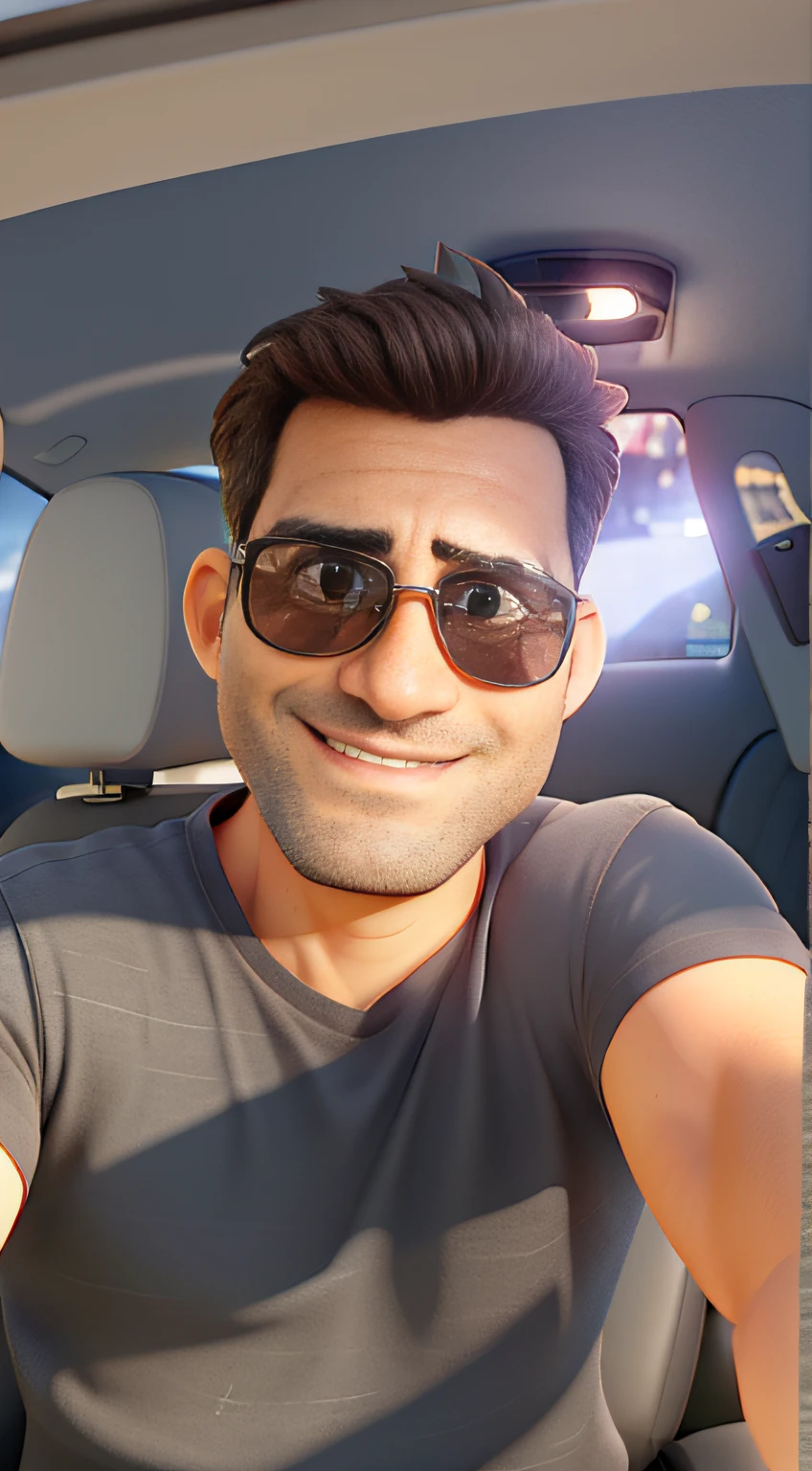 Um homem de 46 anos, sunglasses, parado na frente, illuminated by the light of a lamp, contra o pano de fundo dentro de um carro