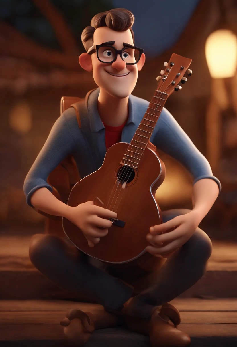 Cartoon character of a man with glasses , kalap, barba ,playing the guitar,  gordinho,animation character, Caractere estilizado, animation style rendering, 3D estilizado, Arnold Maya render, 3 d render stylized, toon render keyshot, Personagem 3D, Personagem 3D, 3d rendering stylized, 3 d character render, personagem de desenho animado, Personagem de close up, Pose de personagem,  (Estilo Pixar) (master part:1.2) (Bokeh) (best quality) (pele detalhada) (textura detalhada) (8k) (argila) (Cinematic lighting) (foco nítido