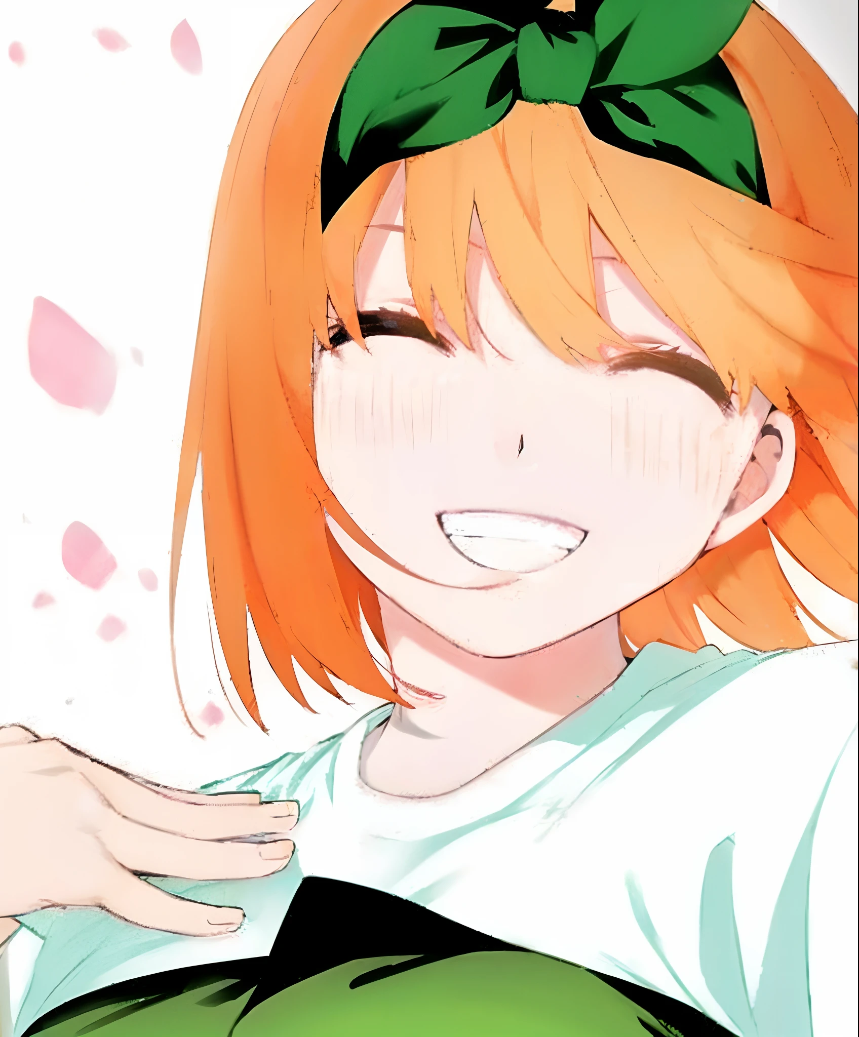 Yotsuba nakano smiling, laughing, cute expression, 4k, masterpiece, petals around