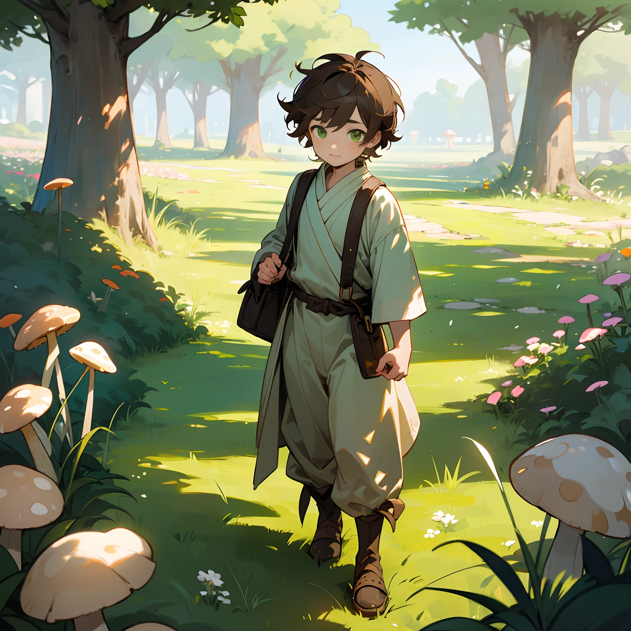 1male, child, messy short brown hair, finely detailed green eyes, loose casual adventurer clothing, googles, walking down path, grassy fields, mushrooms, flowers, lanterns, best lighting and shadows