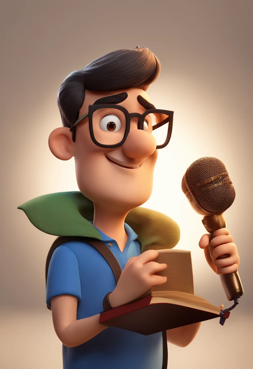 Cartoon character of a man with short hair wearing black glasses and a blue shirt, A microphone in one hand and a Bible in the other , um personagem animado, Caractere estilizado, animation style rendering, 3D estilizado, Arnold Maya render, 3 d render stylized, toon render keyshot, Personagem 3D, Personagem 3D, 3d rendering stylized, 3 d character render, personagem de desenho animado, Personagem de close up, Pose de personagem, (Estilo Pixar) (master part:1.2) (Bokeh) (best quality) (pele detalhada) (textura detalhada) (8k) (argila) (Cinematic lighting) (foco nítido，Senta e vaza a parte superior do corpo