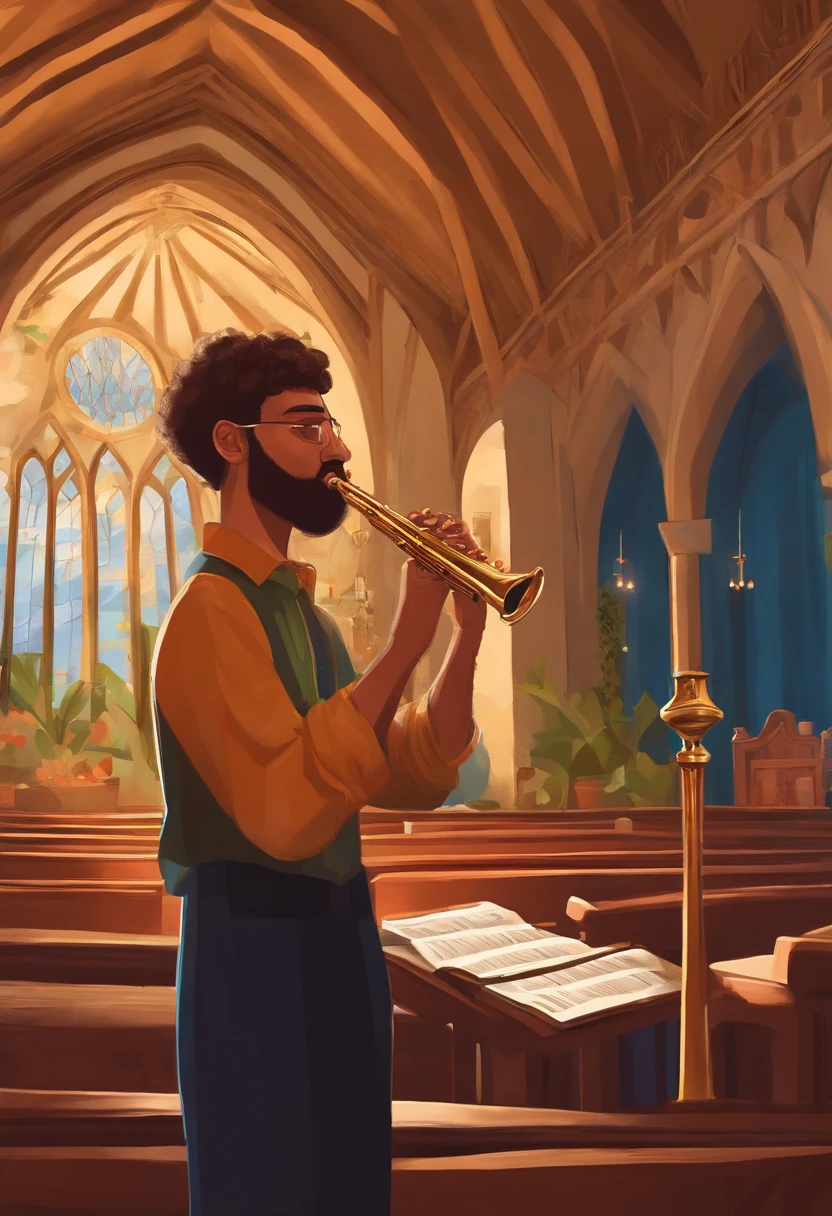 Pixar 3D-style drawing of a 25-year-old man holding an oboe at the Christian congregation in Brazil