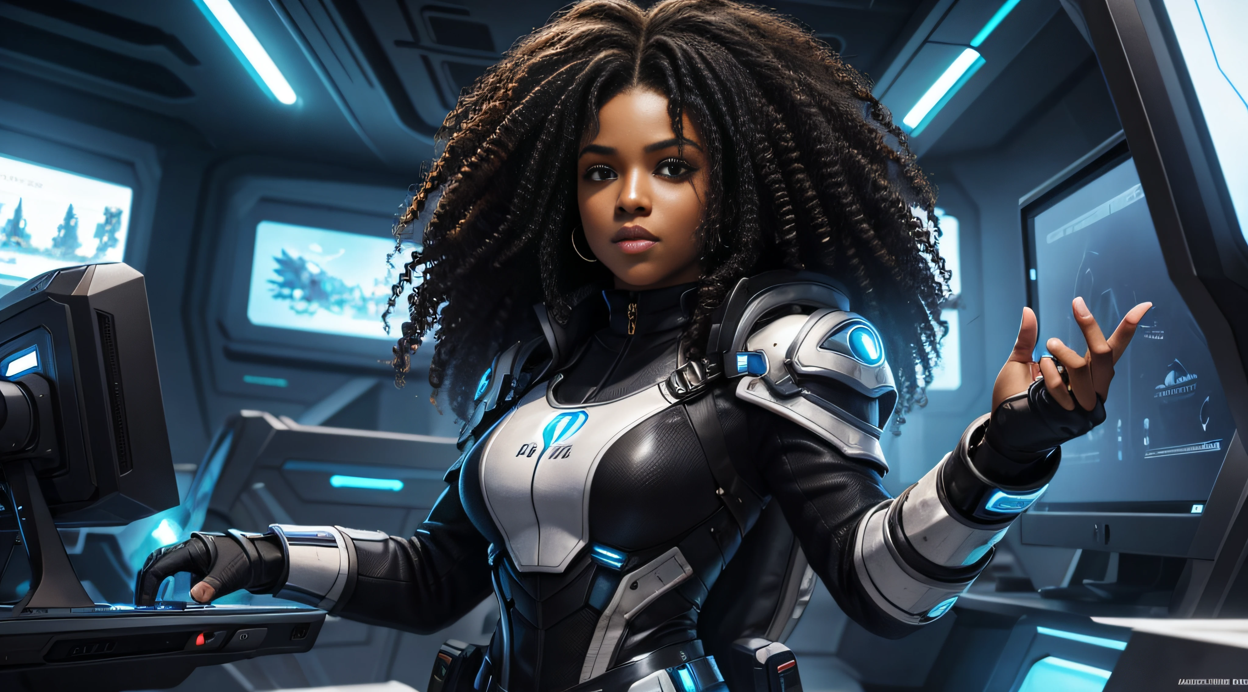 An empowered black woman with curly hair is portrayed as an adventurer in a futuristic gamer scenario. She exudes confidence and determination while immersed in a futuristic gaming world.