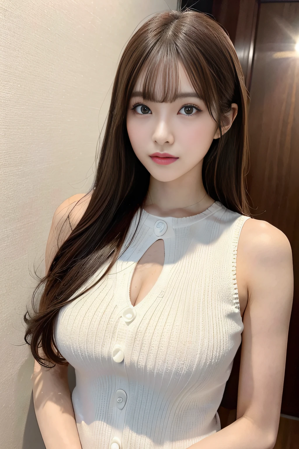 ​masterpiece、1 beautiful girl、A detailed eye、Puffy eyes、top-quality, 超A high resolution, (Realisticity: 1.4), cinematlic lighting、japanes、Asian Beauty、Korea person、Super beauty、Beautiful skin、A slender、The body is facing forward、(A hyper-realistic)、(hight resolution)、(8K)、(ighly detailed)、(beautifully detailed eyes)、(ultra-detailliert)、 (wall-paper)、A detailed face、Bright lighting、profetional lighting、looking at viewert、Facing straight ahead、(The costume is a knitted dress)、Long hair, hair messy, asymmetrical bangs, 、nighttime scene、Brown hair、Japan idle、韓国アイドル、hposing Gravure Idol、女優、25-years old、tall,