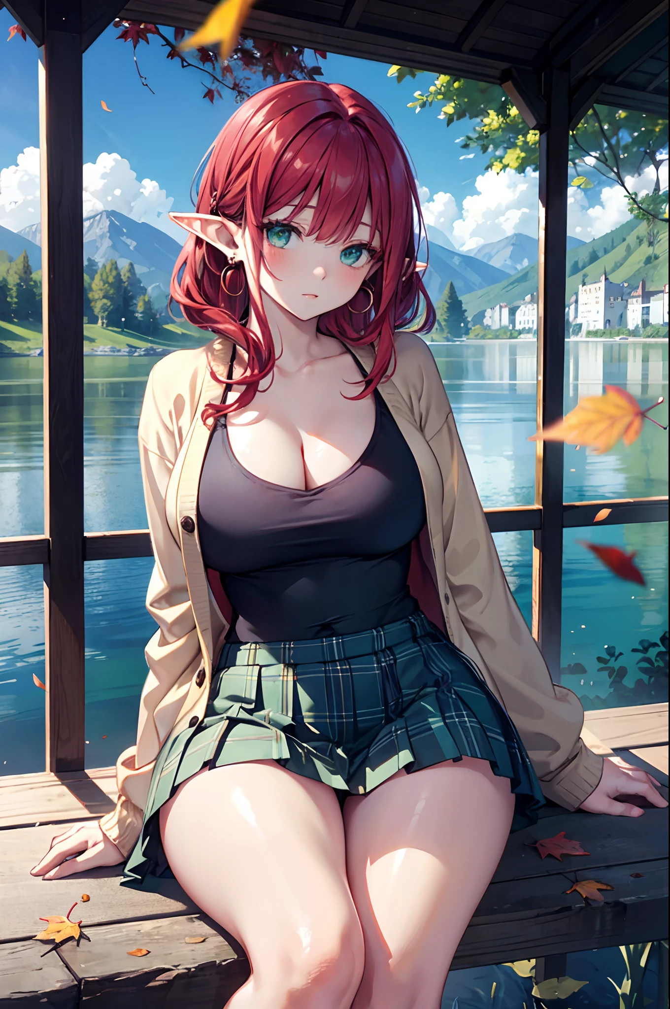 Realistic and detailed image of an elf. Dressed in a cardigan coat and baggy t-shirt. Pleated plaid mini skirt. Unusually shiny long silky scarlet red hair. Green eyes. She has earrings and long eyelashes. Has full lips. Large breasts, slim waist, very wide hips and thick thighs. Sleepy. Arched back. Ambient lights. Sitting near a lake. Leaves falling all around.