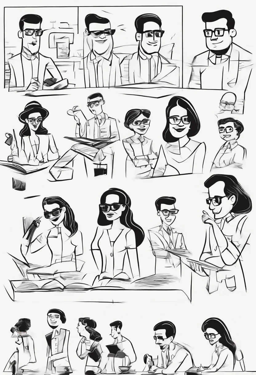 different angles, character sheet, illustration, expressions, comic drawing, line art,