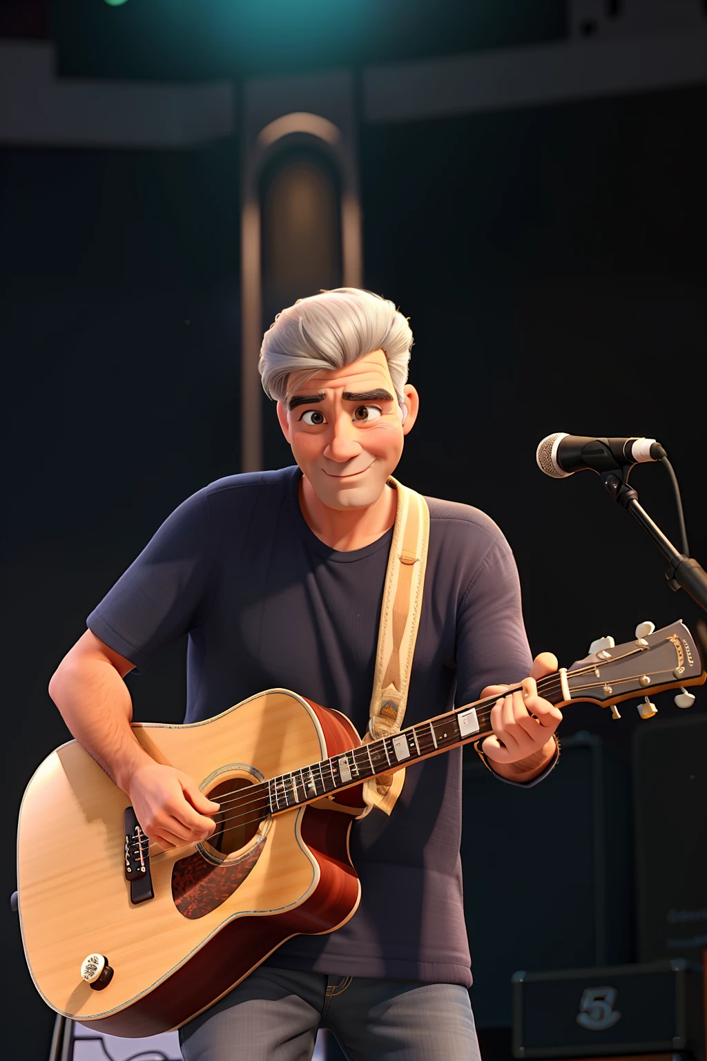 Homem de 50 anos, cabelos grisalhos, playing guitar on a stage. Your head is tilted slightly downward