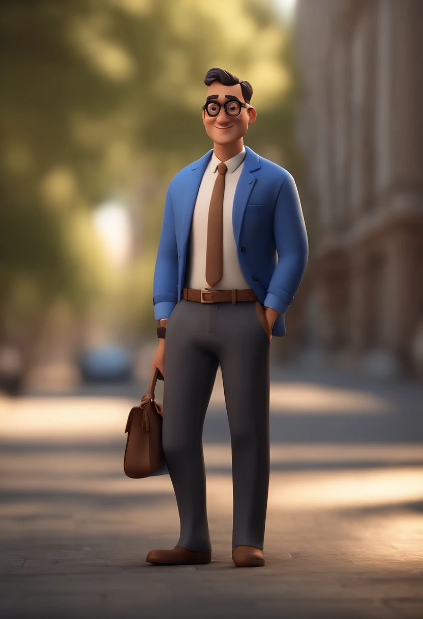 Cartoon character of a man wearing black glasses and a blue shirt, um personagem animado, Caractere estilizado, animation style rendering, 3D estilizado, Arnold Maya render, 3 d render stylized, toon render keyshot, Personagem 3D, Personagem 3D, 3d rendering stylized, 3 d character render, personagem de desenho animado, Personagem de close up, Pose de personagem, (Estilo Pixar) (master part:1.2) (Bokeh) (best quality) (pele detalhada) (textura detalhada) (8k) (argila) (Cinematic lighting) (foco nítido，Senta e vaza a parte superior do corpo